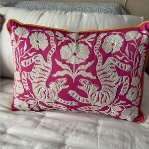 Anthropologie Pink Cushion with White Embroidery